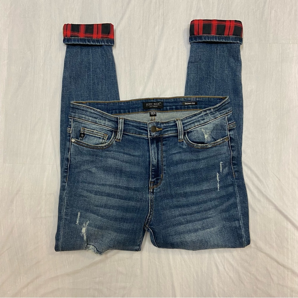 Judy Blue Jeans Womens 13/31 Skinny Fit Flannel Trim Distressed Casual Pants